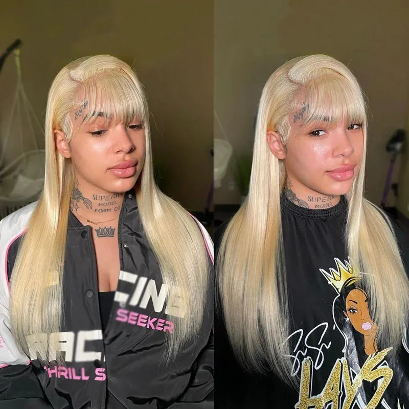 613 Blonde Straight Colored Wigs With Bangs 13x6 Transparent Full Lace Frontal Wig High Quality Remy Hair