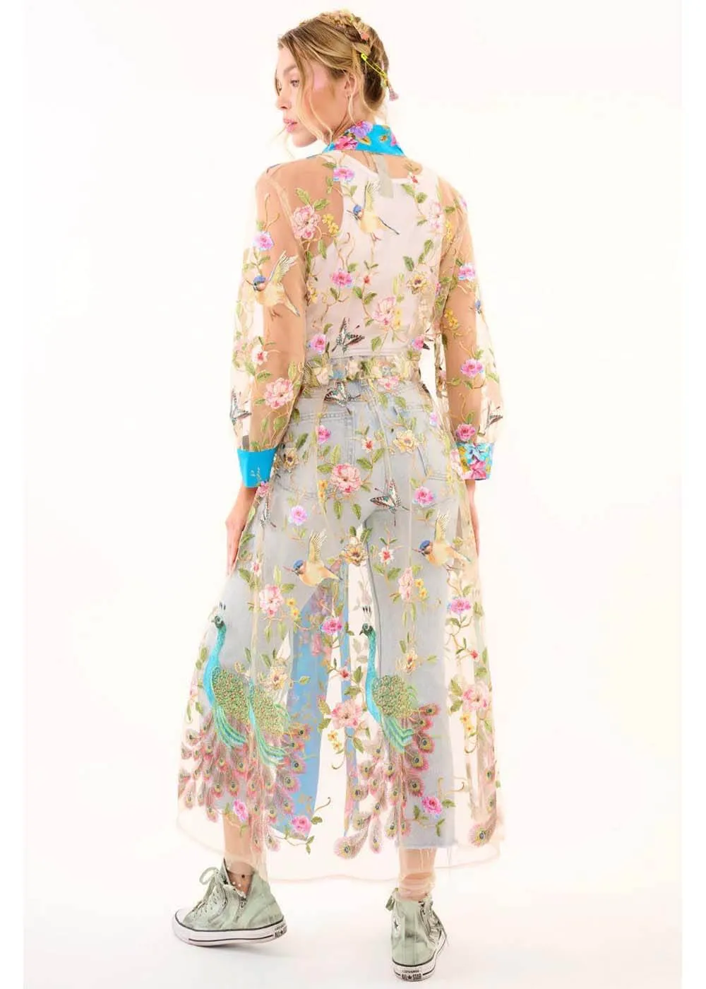 Aratta Garden of Eden Birds Butterfly Mesh Duster Peacock