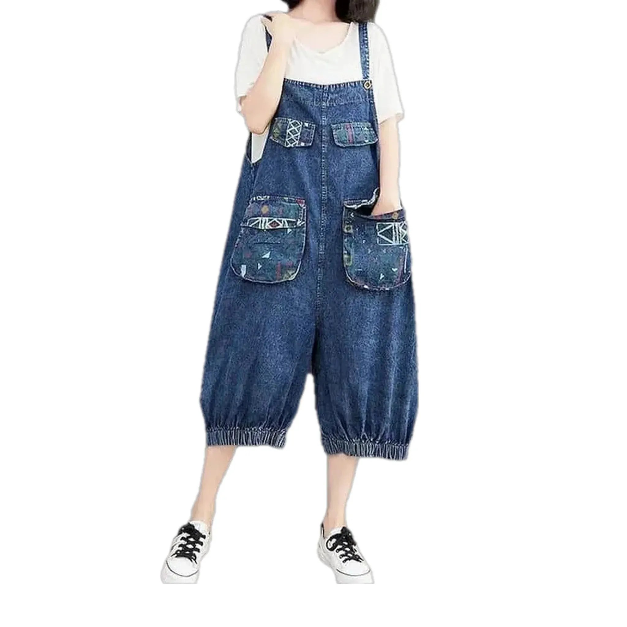 Artistic tribal baggy fit denim bib for ladies