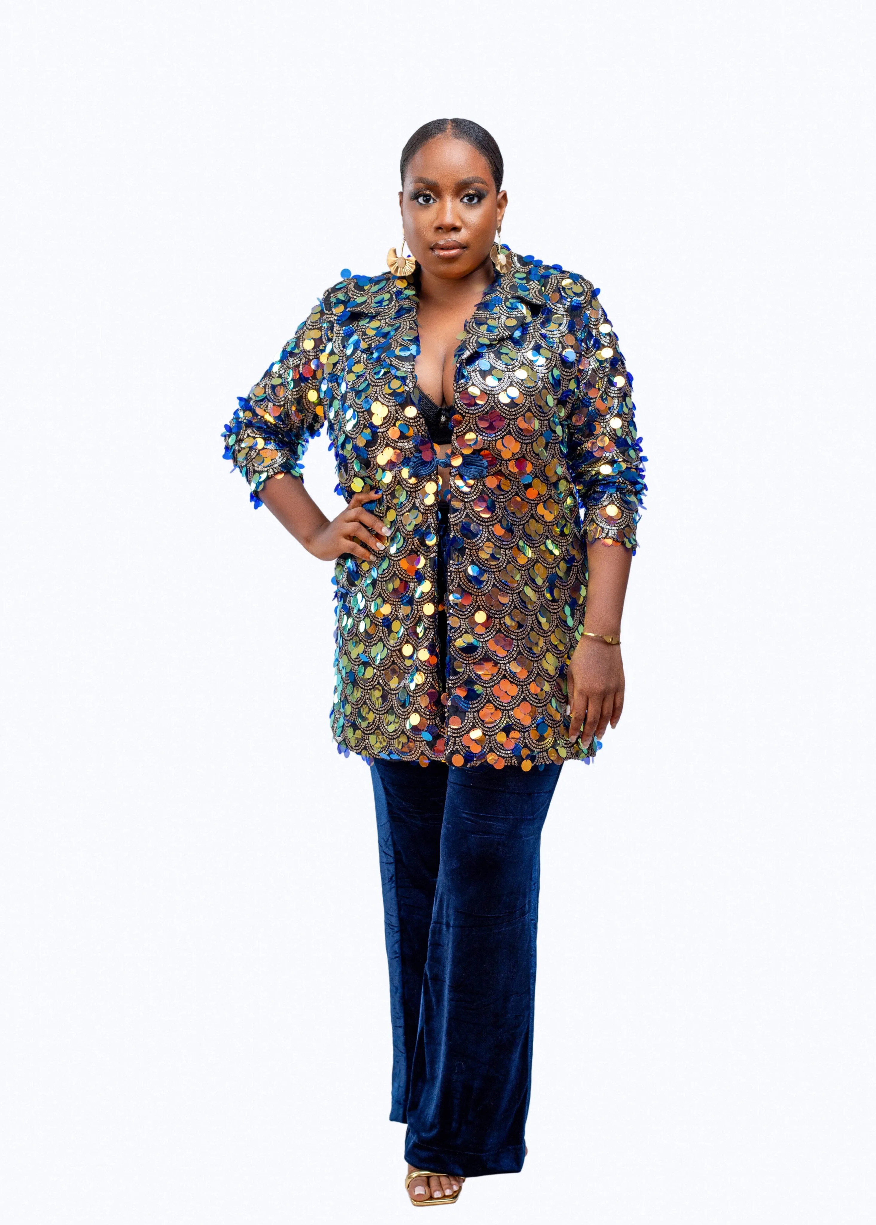 Baller Boyfriend sequin Jacket and velvet bell bottom Pant Set