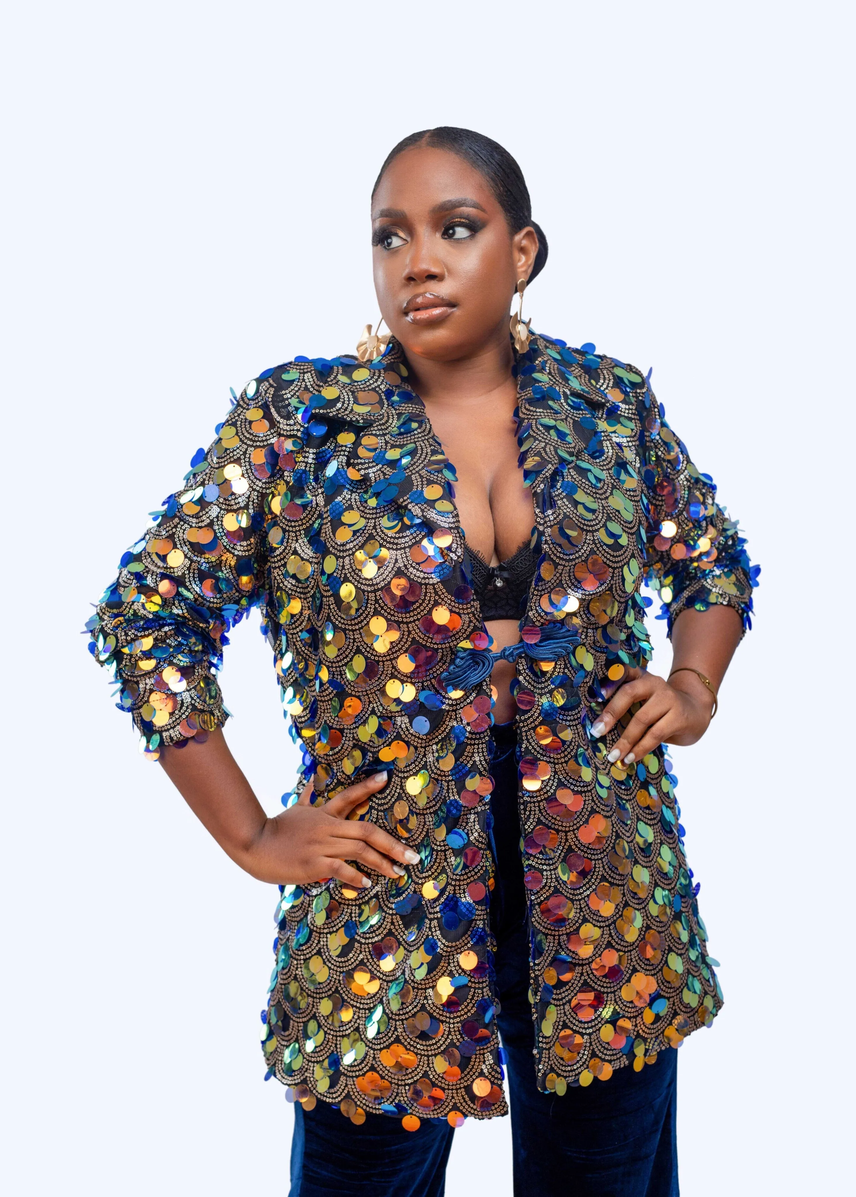 Baller Boyfriend sequin Jacket and velvet bell bottom Pant Set
