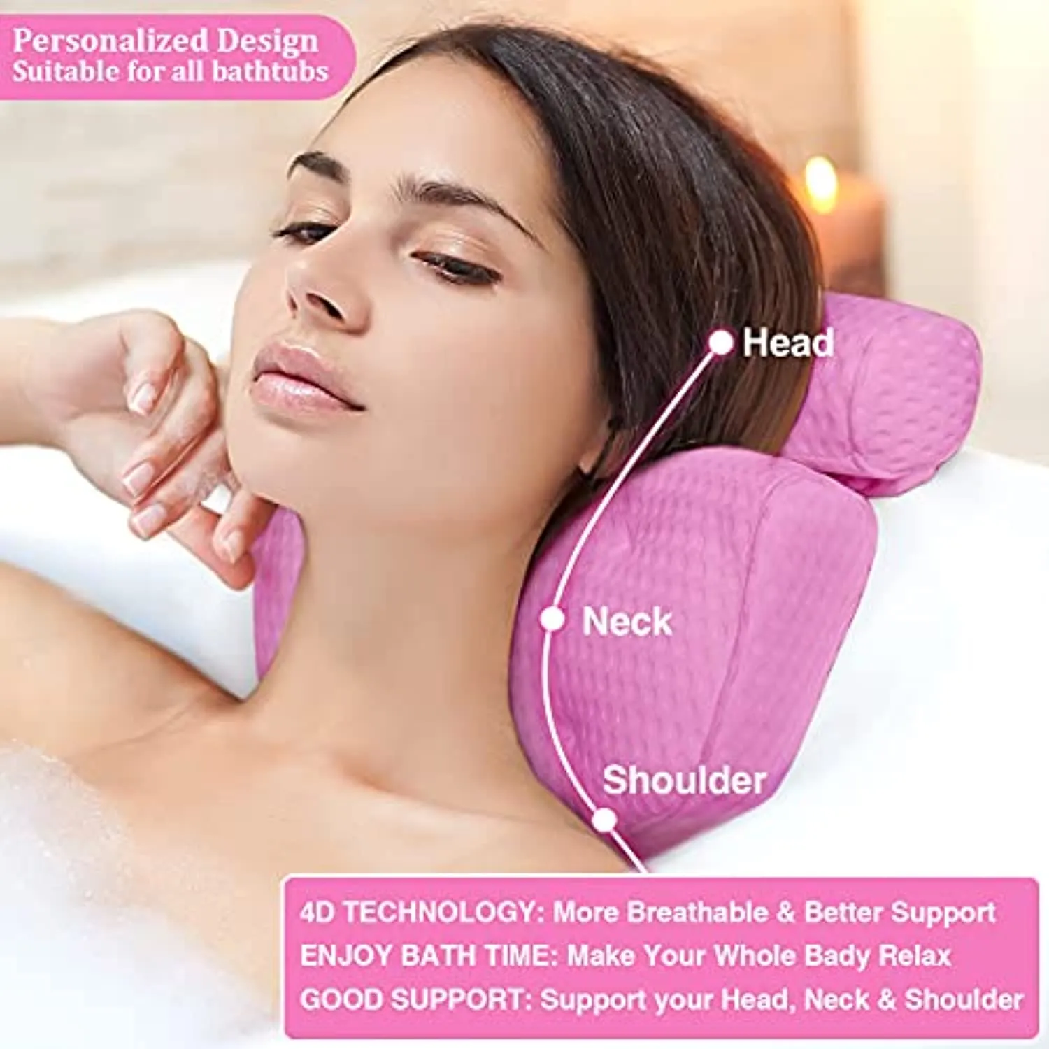 Bath Pillow, 14''x13'' Ergonomic Bath Pillows for Tub Neck and Back Support, 4D Air Mesh Technology Bathtub Pillow with 7 Suction Cups, Thick Large 2 Panel Design, Fits All Bathtub(Pink)