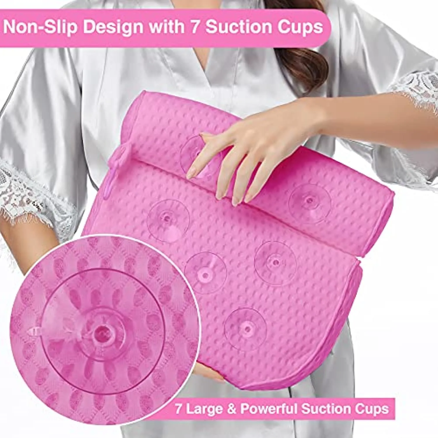 Bath Pillow, 14''x13'' Ergonomic Bath Pillows for Tub Neck and Back Support, 4D Air Mesh Technology Bathtub Pillow with 7 Suction Cups, Thick Large 2 Panel Design, Fits All Bathtub(Pink)