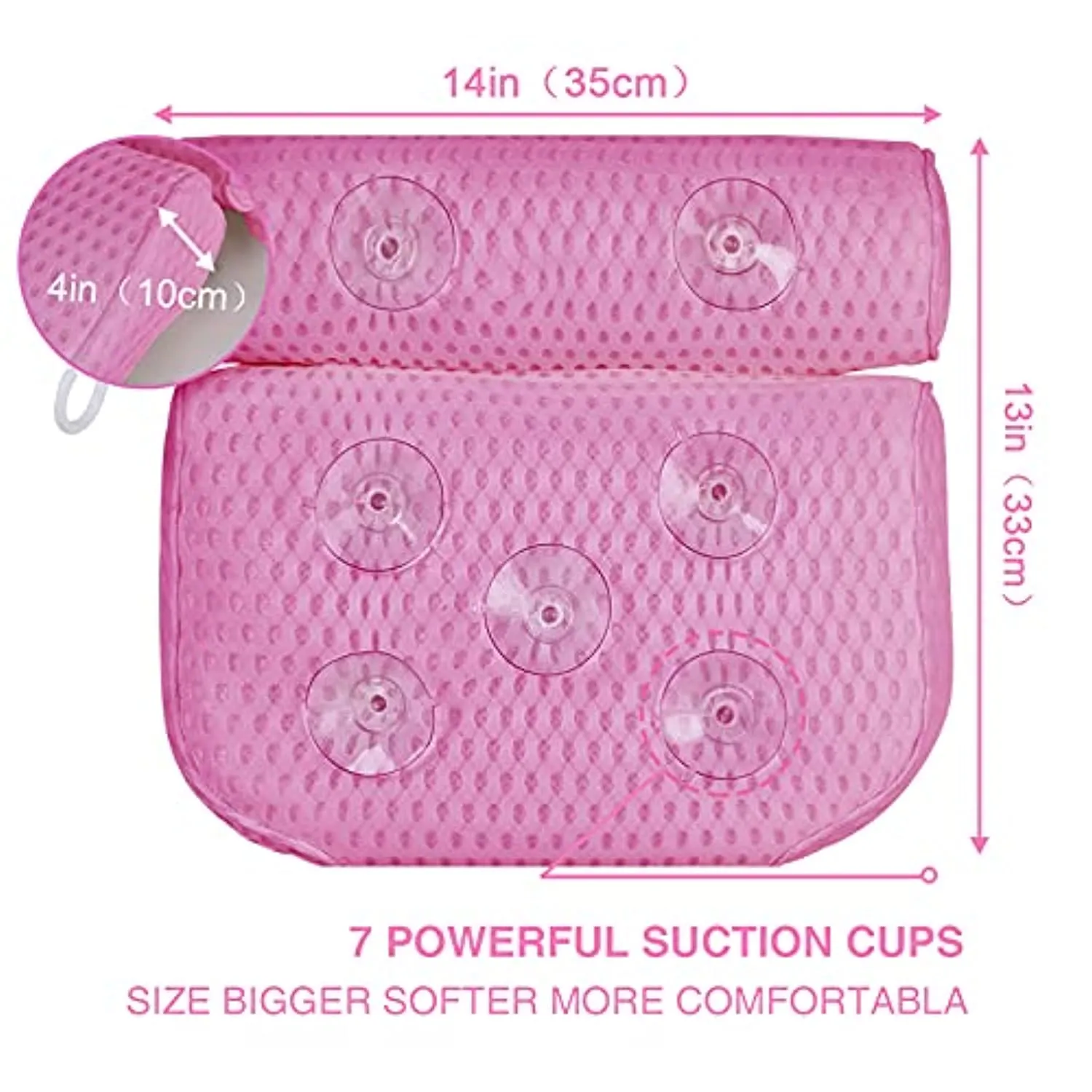 Bath Pillow, 14''x13'' Ergonomic Bath Pillows for Tub Neck and Back Support, 4D Air Mesh Technology Bathtub Pillow with 7 Suction Cups, Thick Large 2 Panel Design, Fits All Bathtub(Pink)