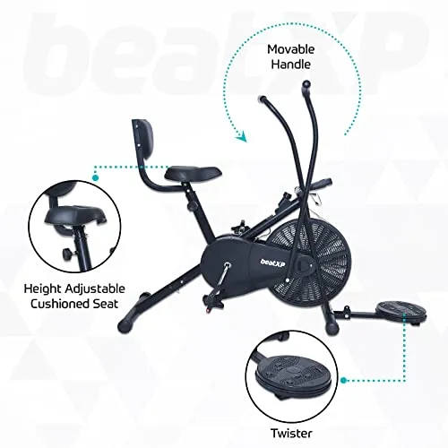 beatXP Full Body Workout Gym Fitness 4M Air Bike Exercise Cycle with Adjustable Seat, Back Support, Tummy Twister & Moving Handles (Black)
