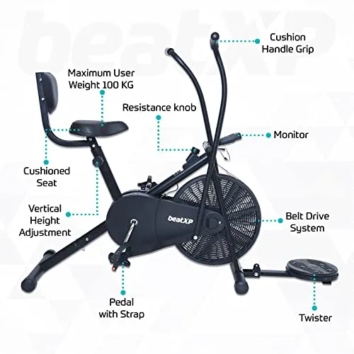 beatXP Full Body Workout Gym Fitness 4M Air Bike Exercise Cycle with Adjustable Seat, Back Support, Tummy Twister & Moving Handles (Black)
