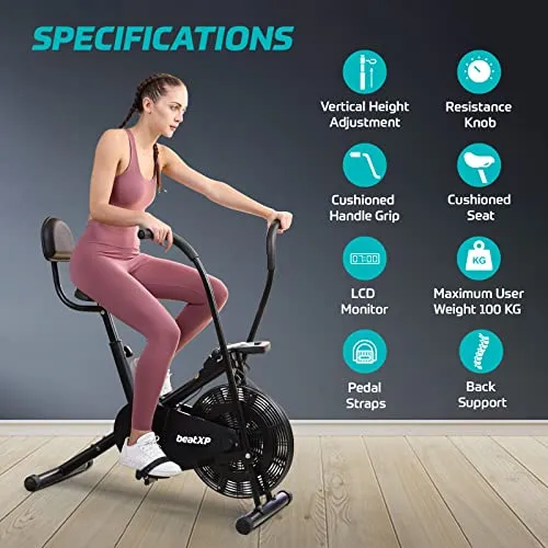 beatXP Vortex Active 2M Air Bike Exercise Cycle for Home | Gym Cycle for Workout with Adjustable Cushioned Seat | Moving Handles | Back Support Full Body Workout Gym Fitness Cycle Machine With 6 Months Warranty (Black)