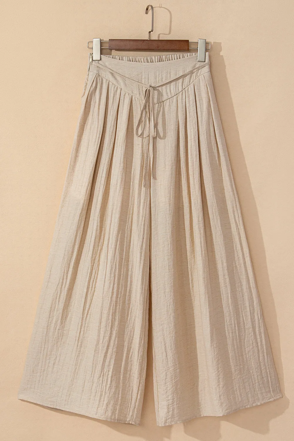 Beige Drawstring Waist Pleated Wide Leg Casual Pants