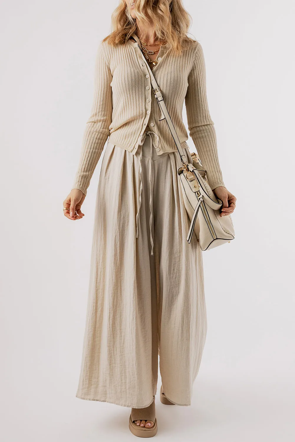 Beige Drawstring Waist Pleated Wide Leg Casual Pants
