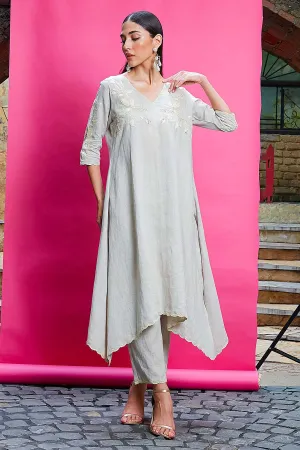 Beige Thread V-Neck Kurta Set