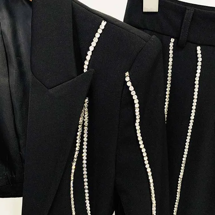 Bell Bottom Pants Suit Set With Black Blazer Hollow Out Fashion Sets