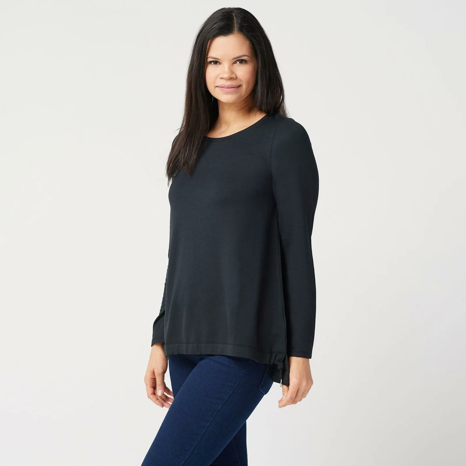 Belle by Kim Gravel Lovabelle Lounge Hi-Low Cinched Hem Top Black Medium