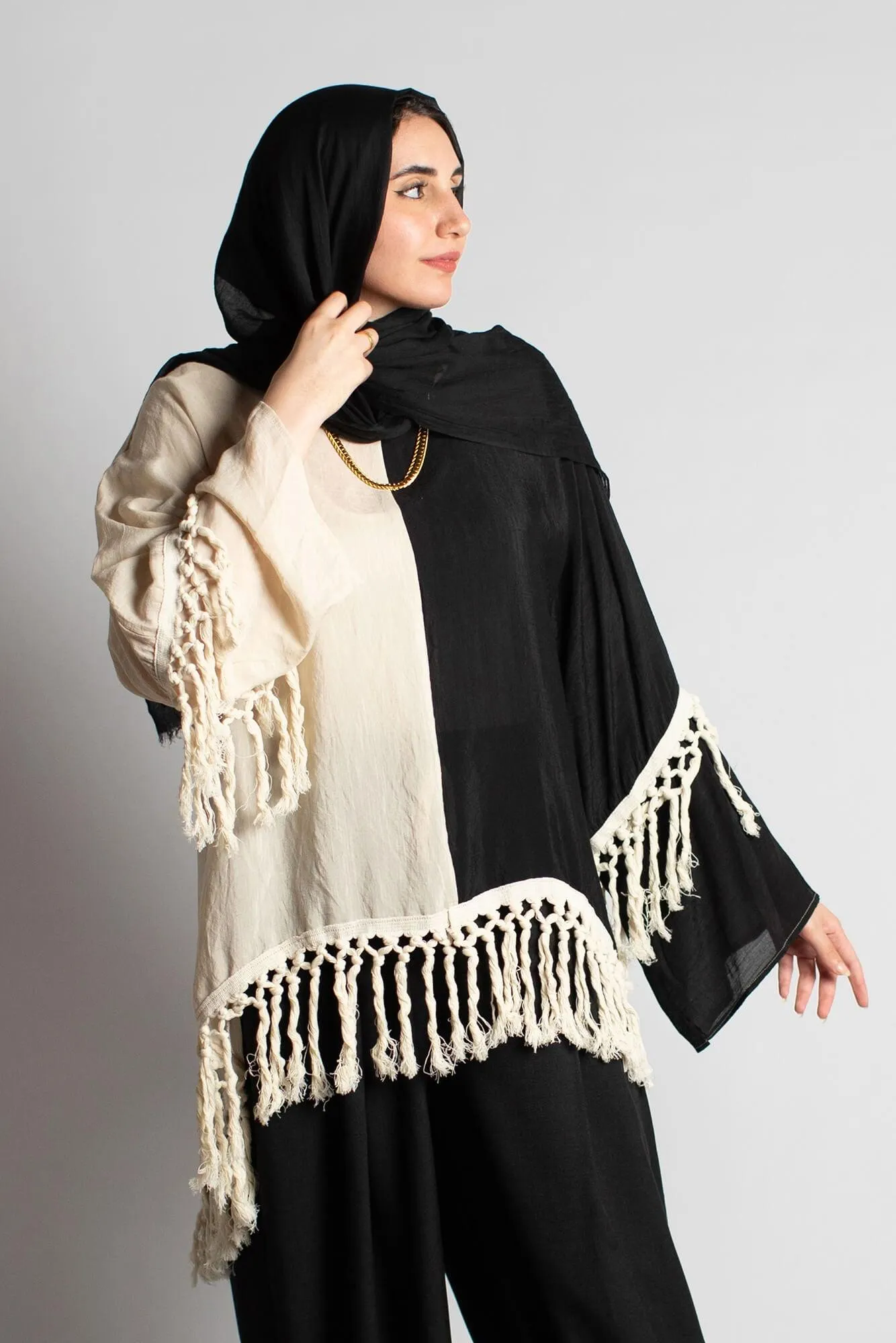 Black & Beige Yasmina Linen Fringe Blouse