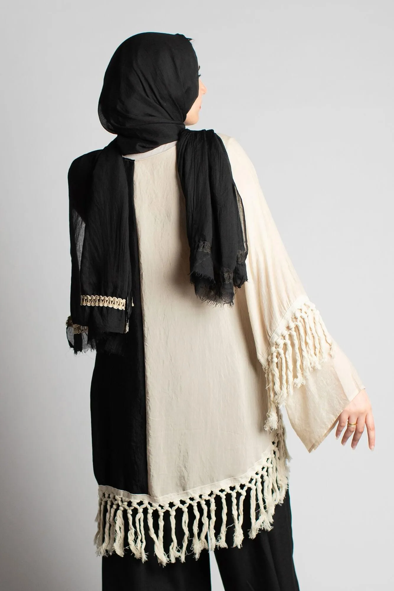 Black & Beige Yasmina Linen Fringe Blouse