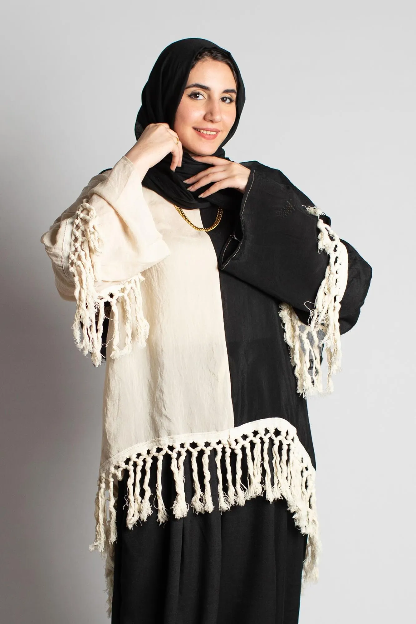 Black & Beige Yasmina Linen Fringe Blouse
