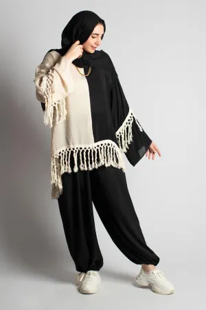 Black & Beige Yasmina Linen Fringe Blouse