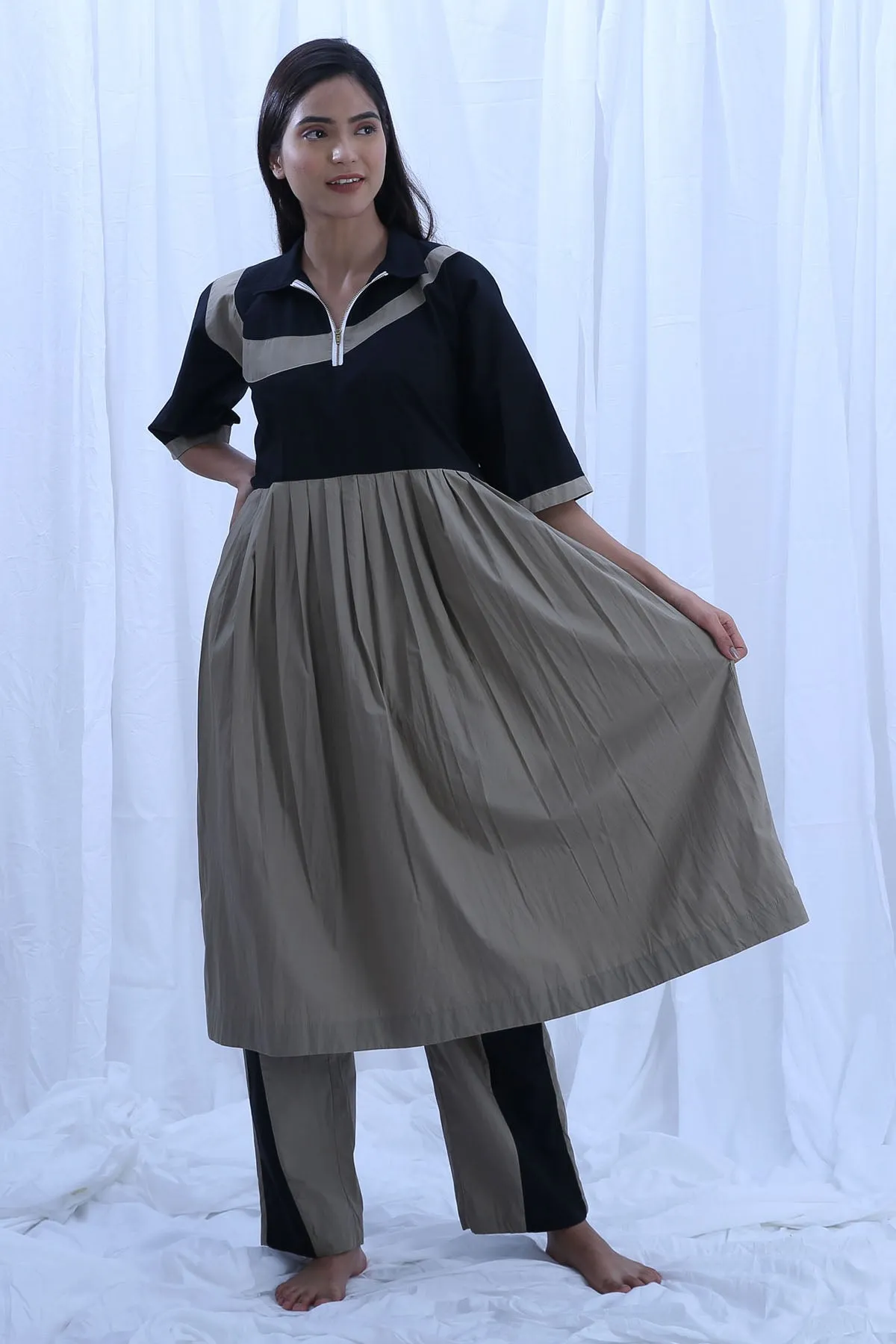 Black & Green Pleated Kurta Set