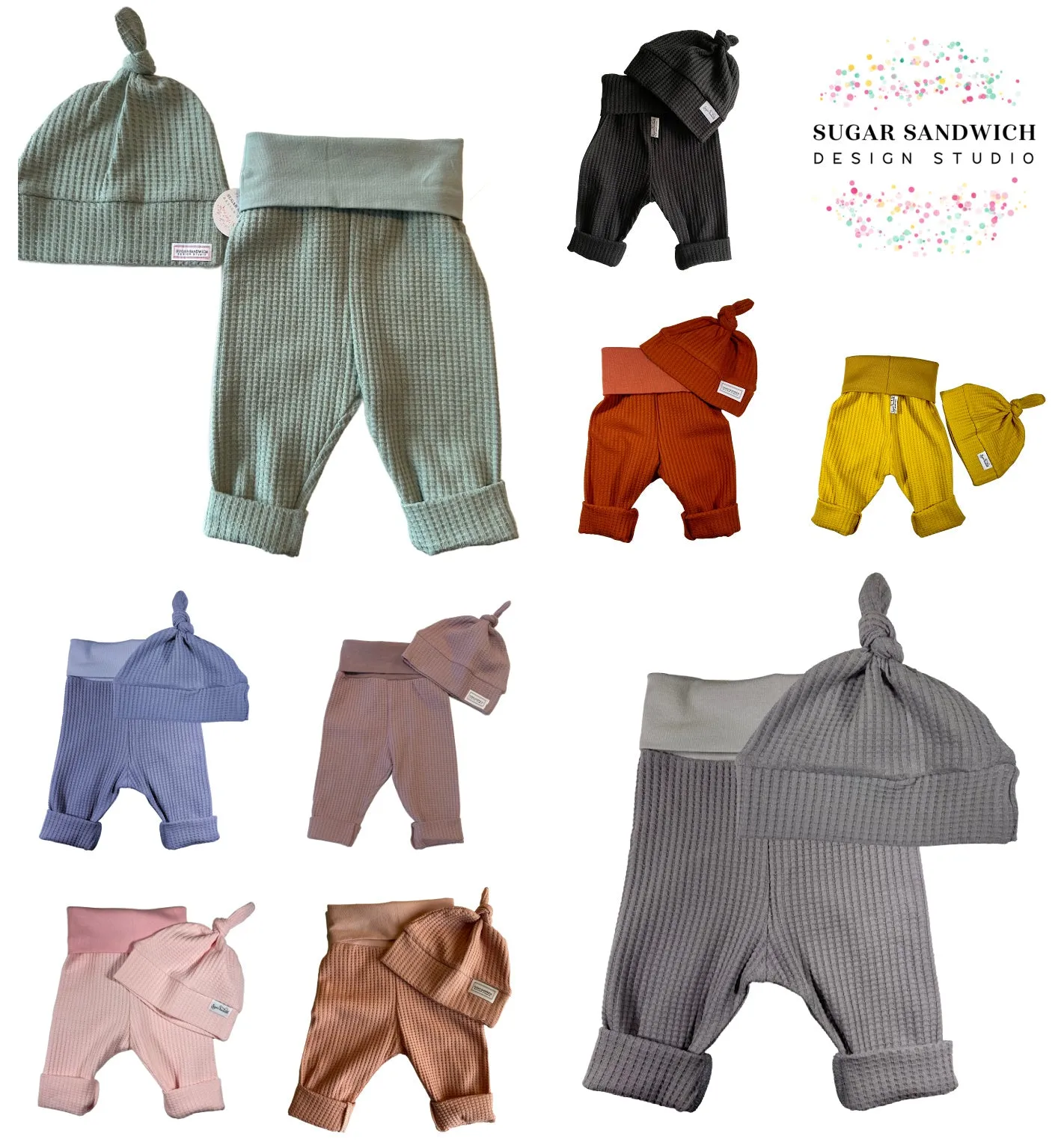 Black Waffle Knit Infant Lounge Set Pants & Top Knot Hat