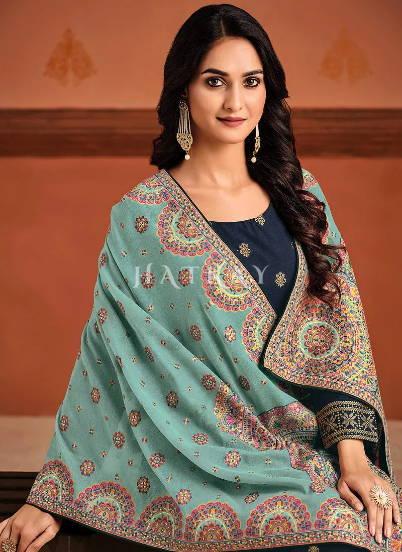 Blue And Turquoise Pant Style Salwar Suit