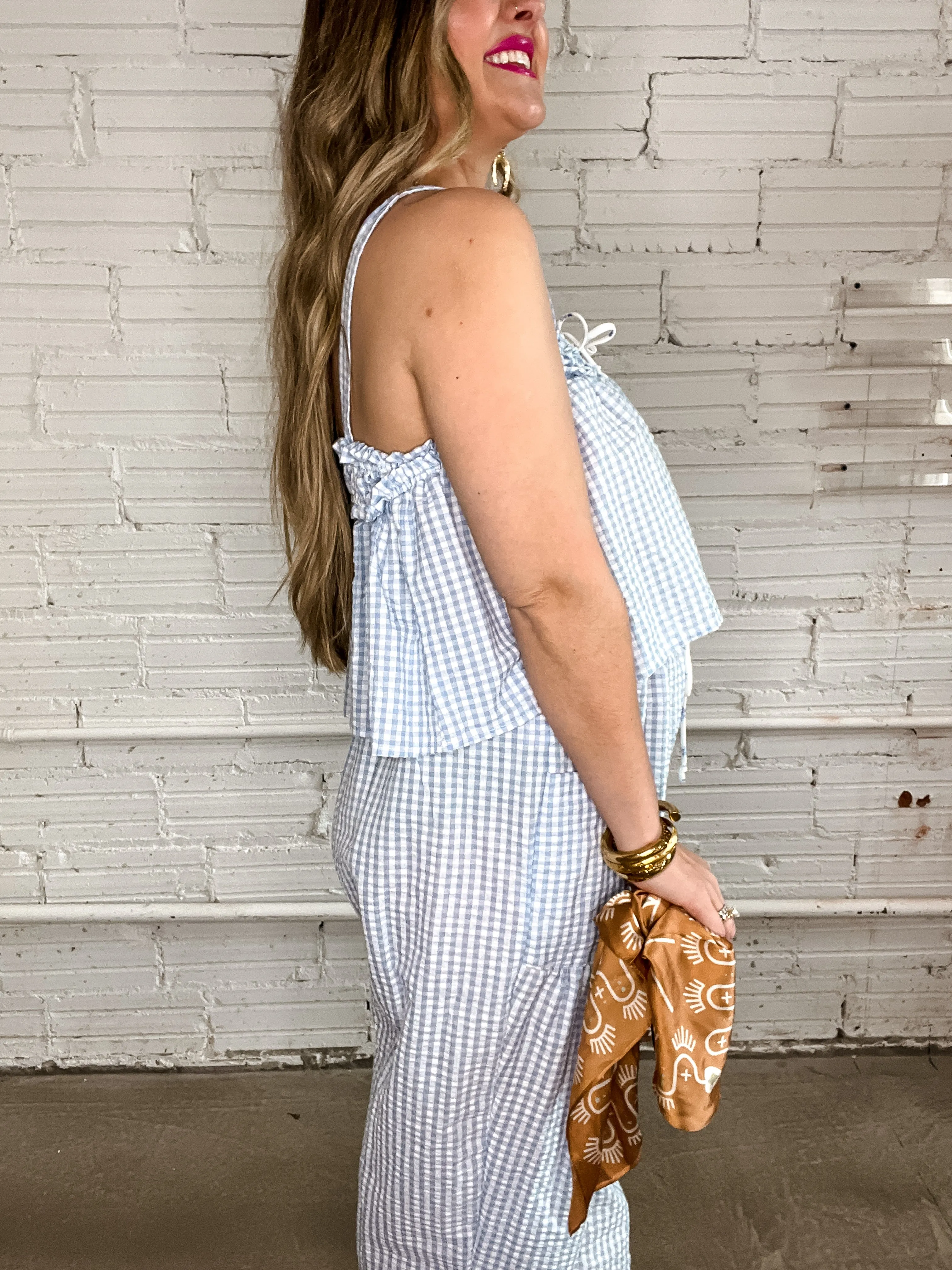 Blue Gingham Front Tie Tank Top
