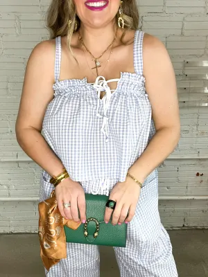 Blue Gingham Front Tie Tank Top