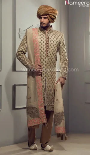 Brown Mens Sherwani Design with Turban and Shawl #GN46