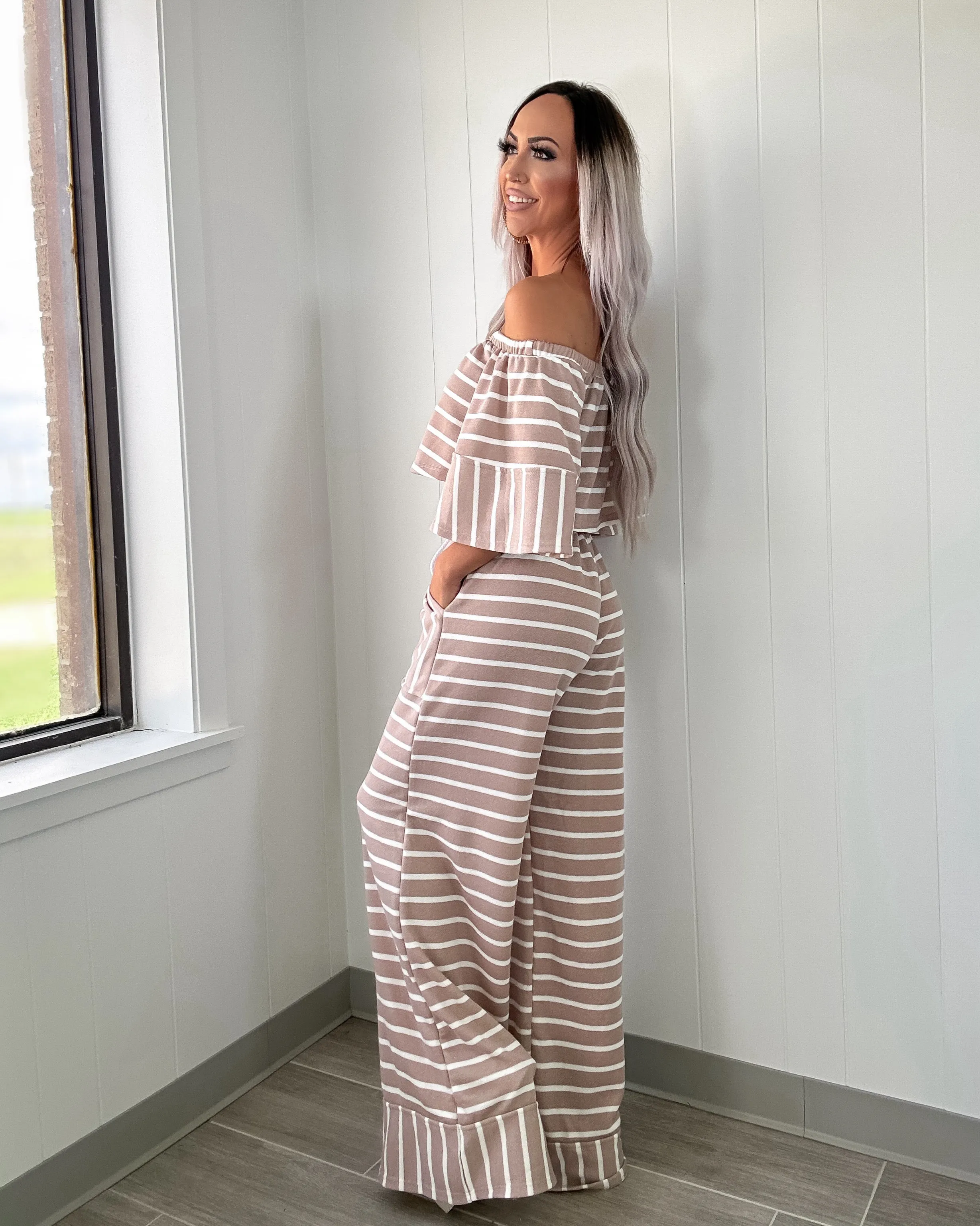 Brunch Vibes Stripe Crop Set - Taupe/Cream