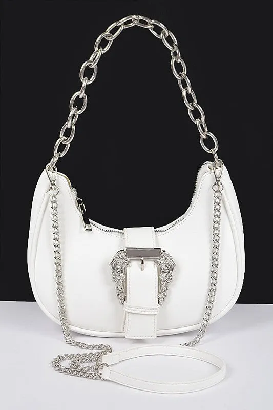 Buckle Embellished Western Crossbody - White