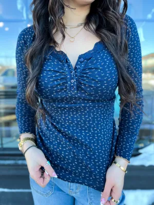 Casie Lace Trim Floral Top- Indigo