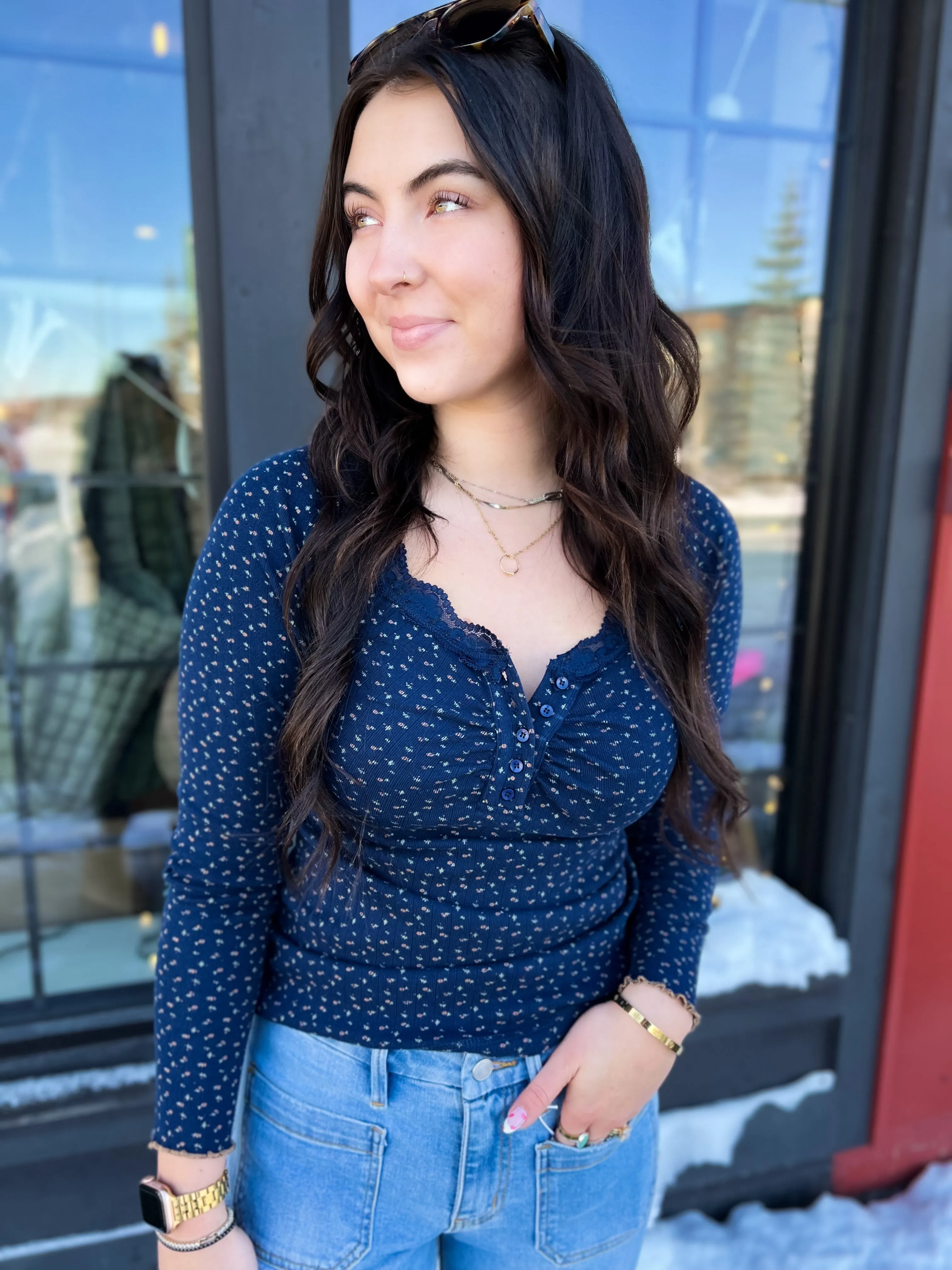 Casie Lace Trim Floral Top- Indigo
