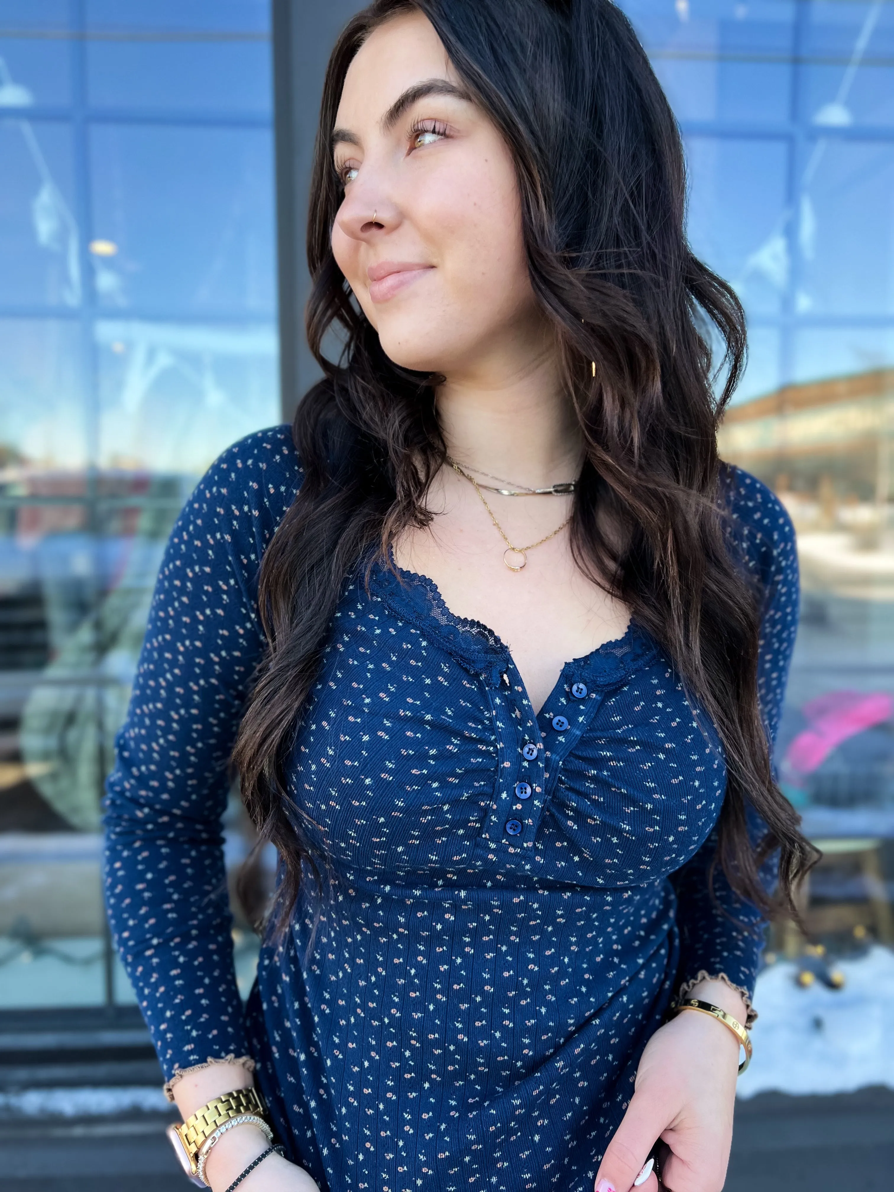 Casie Lace Trim Floral Top- Indigo