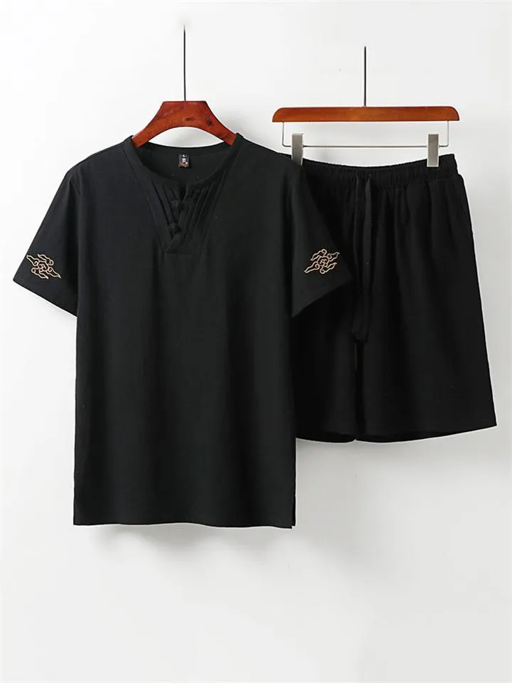 Casual Style Soft 2-Piece Outfit Pleated Detailing T-Shirt   Drawstring Waistband Shorts