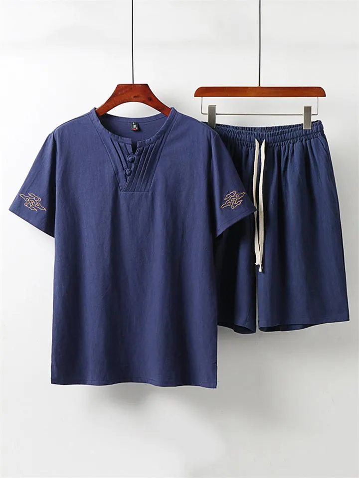 Casual Style Soft 2-Piece Outfit Pleated Detailing T-Shirt   Drawstring Waistband Shorts