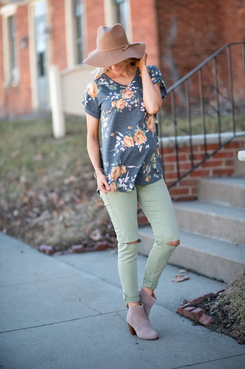 Charcoal and Yellow Floral Top