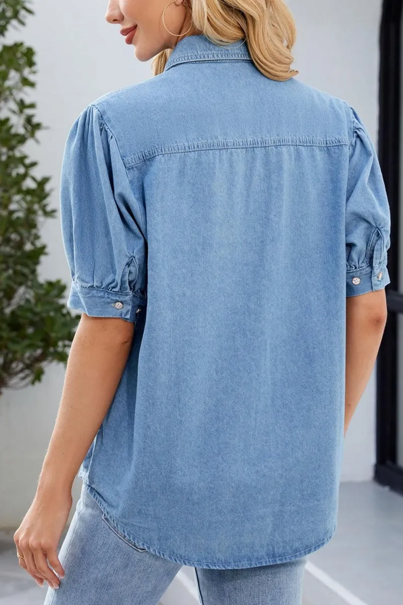 Chouyatou Women's Casual Washed Distressed Puff Sleeve Denim Button Down Shirt Jean Jacket Coat