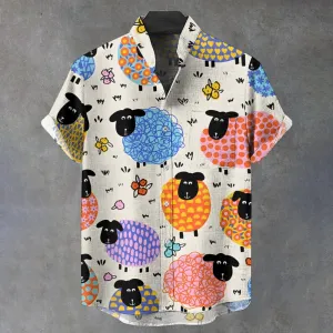 Colorful Cartoon Little Sheep Vintage Print Casual Shirt 2409007871