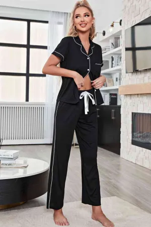 Contrast Color Piping Short Sleeve Top and Pants Pajama Set