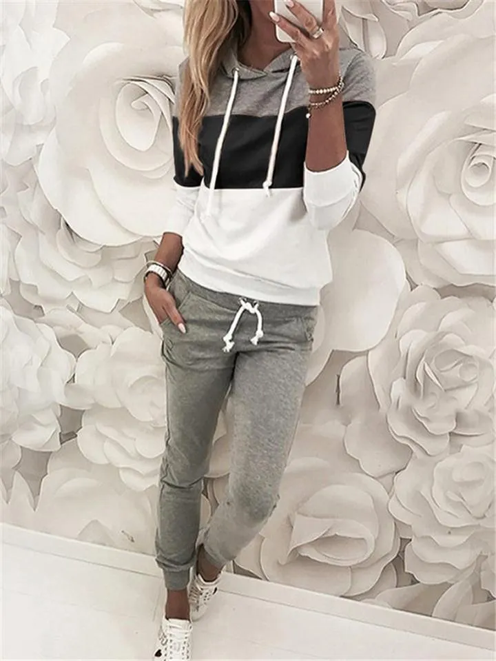 Contrasting Tracksuit Sets Drawstring Hooded Sweatshirt   Pocket Sweatpants