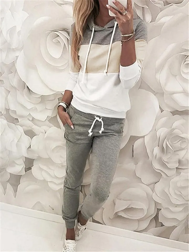 Contrasting Tracksuit Sets Drawstring Hooded Sweatshirt   Pocket Sweatpants