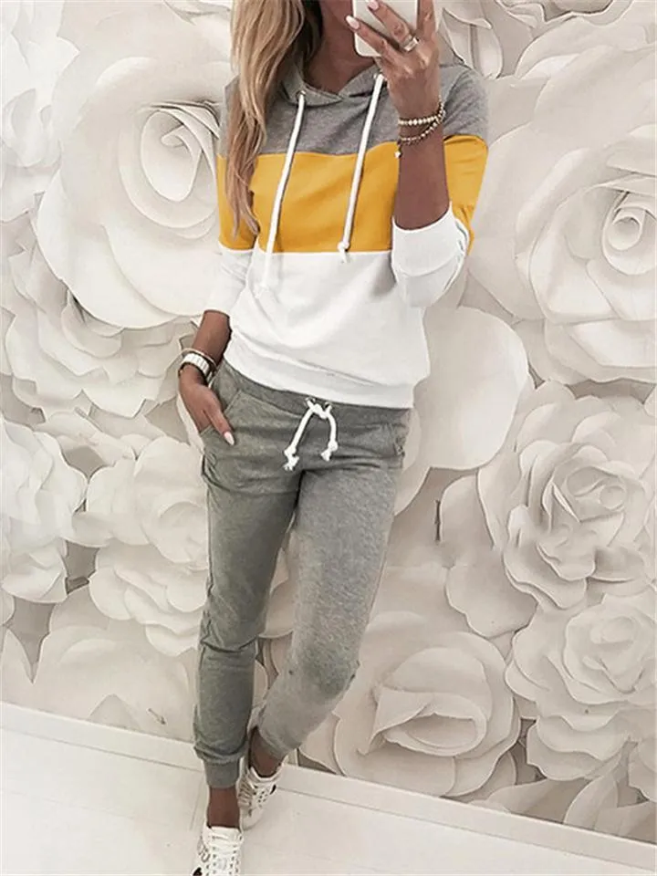 Contrasting Tracksuit Sets Drawstring Hooded Sweatshirt   Pocket Sweatpants