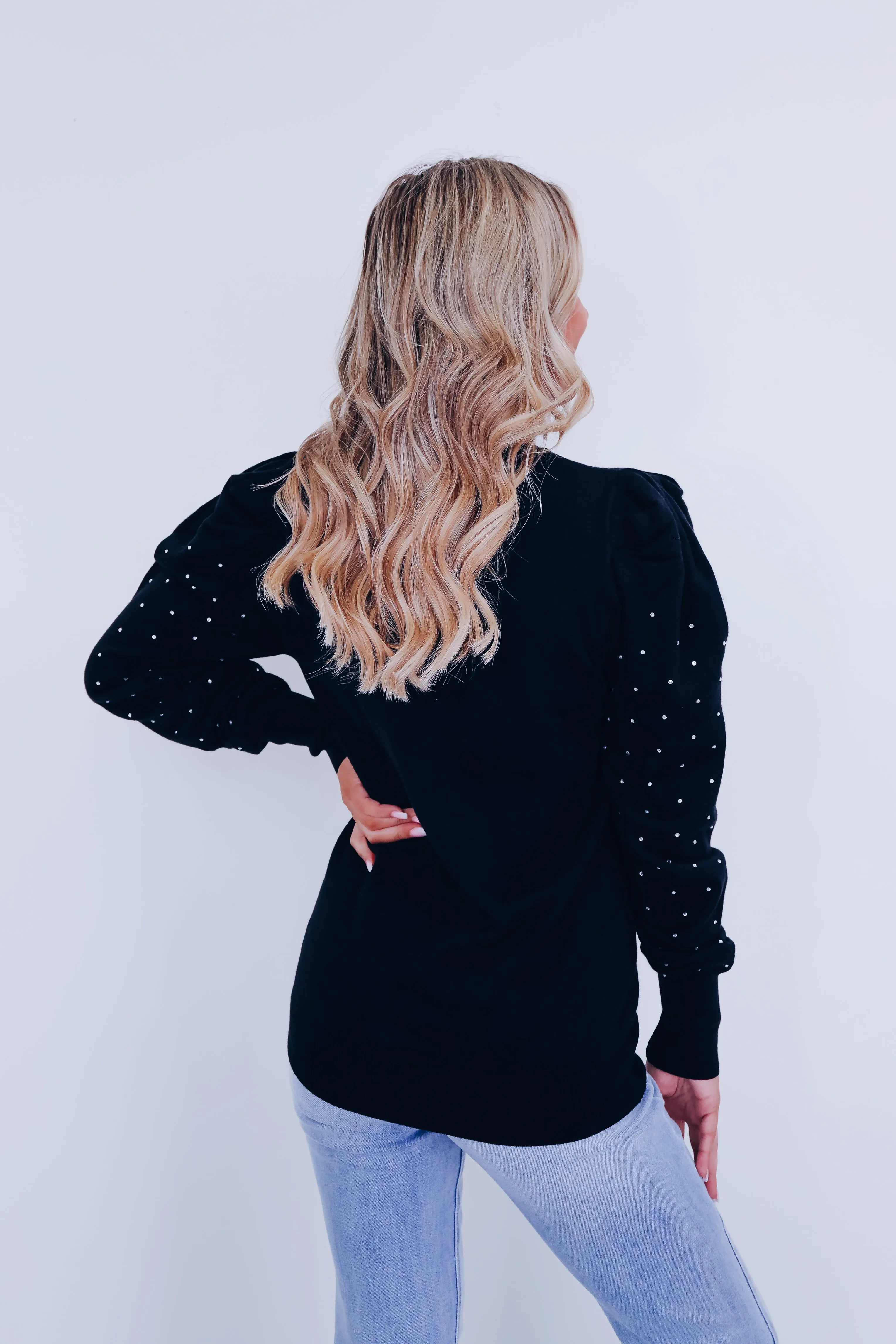Crystal Puff Sleeve Adorned Sweater - Black