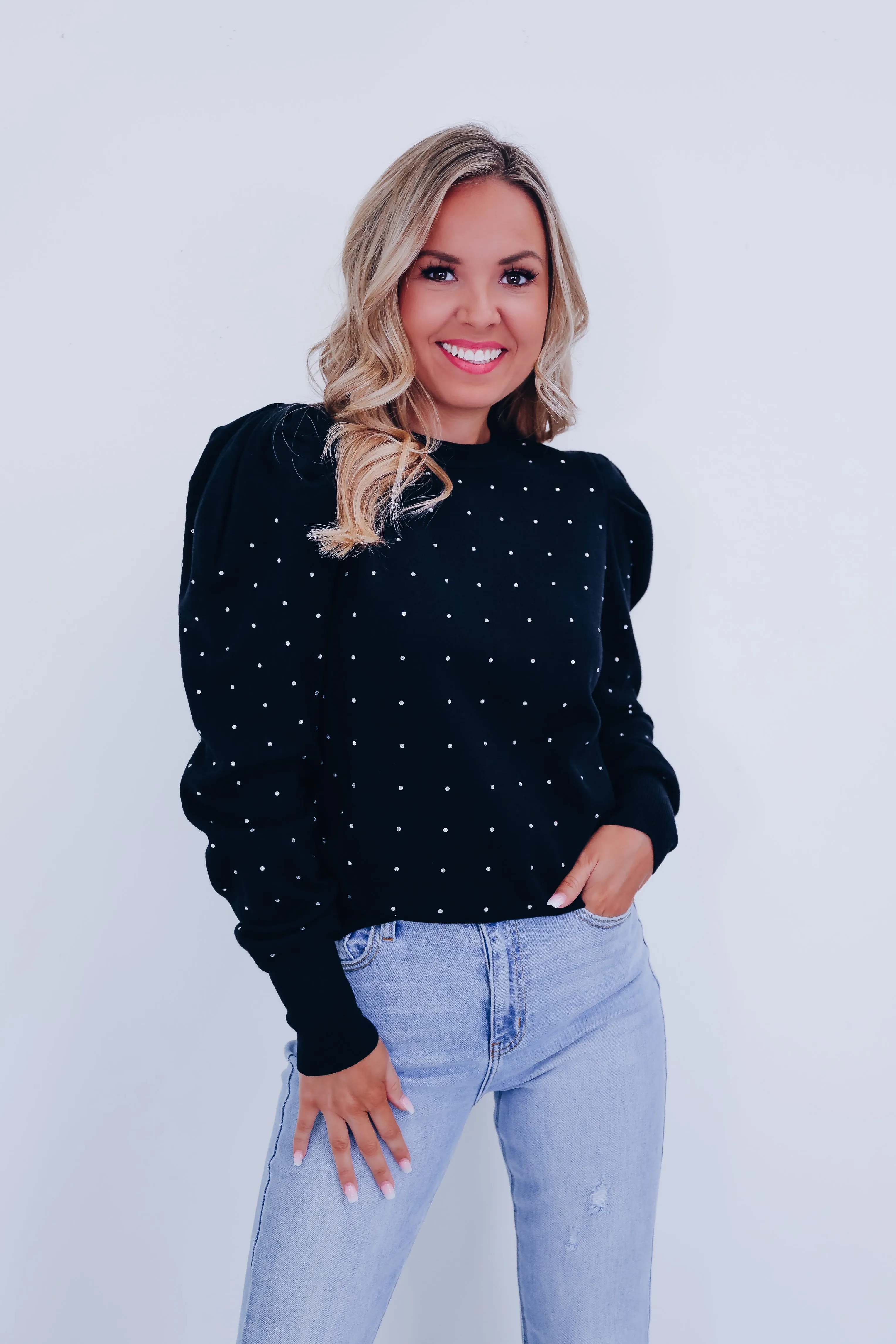 Crystal Puff Sleeve Adorned Sweater - Black
