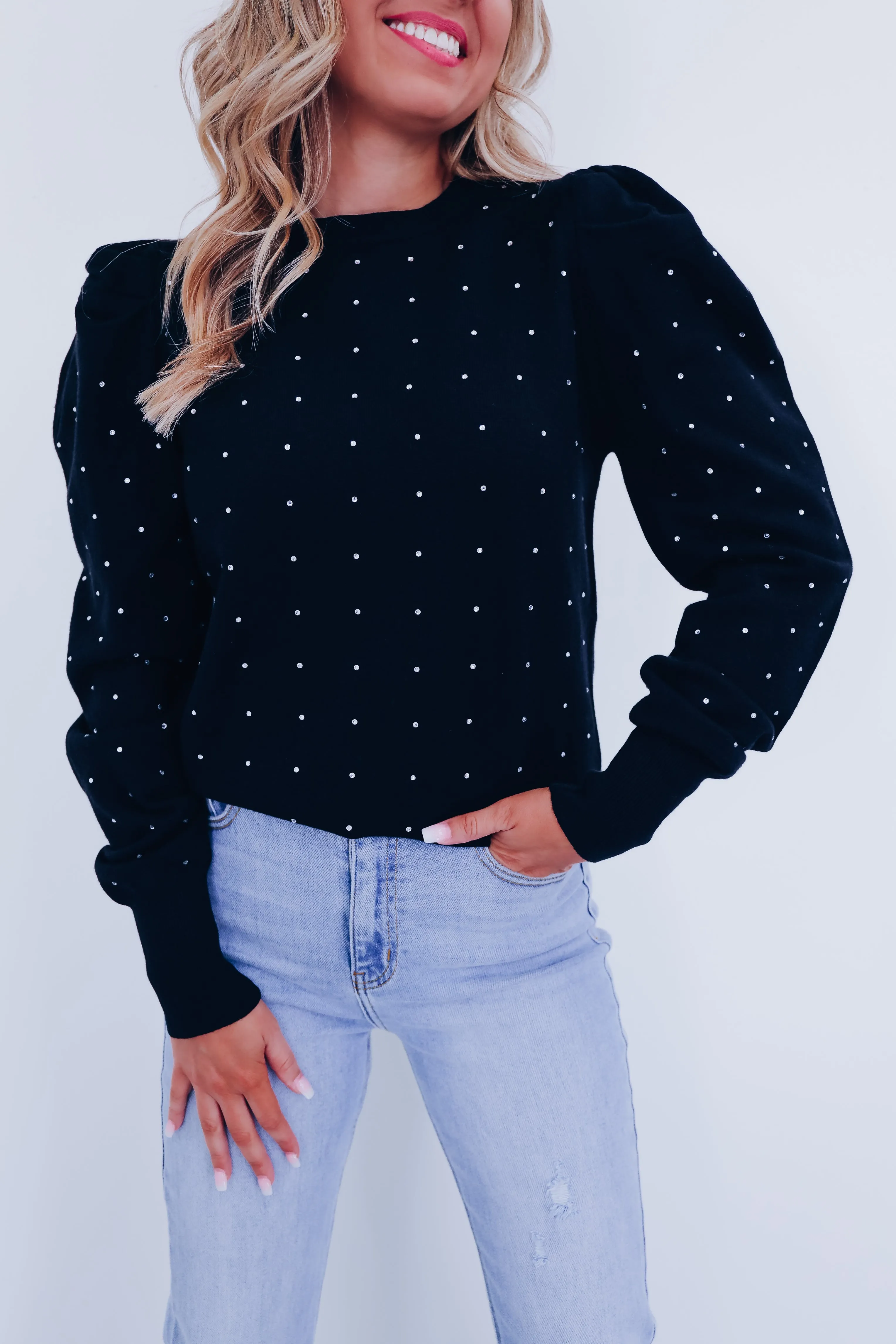 Crystal Puff Sleeve Adorned Sweater - Black