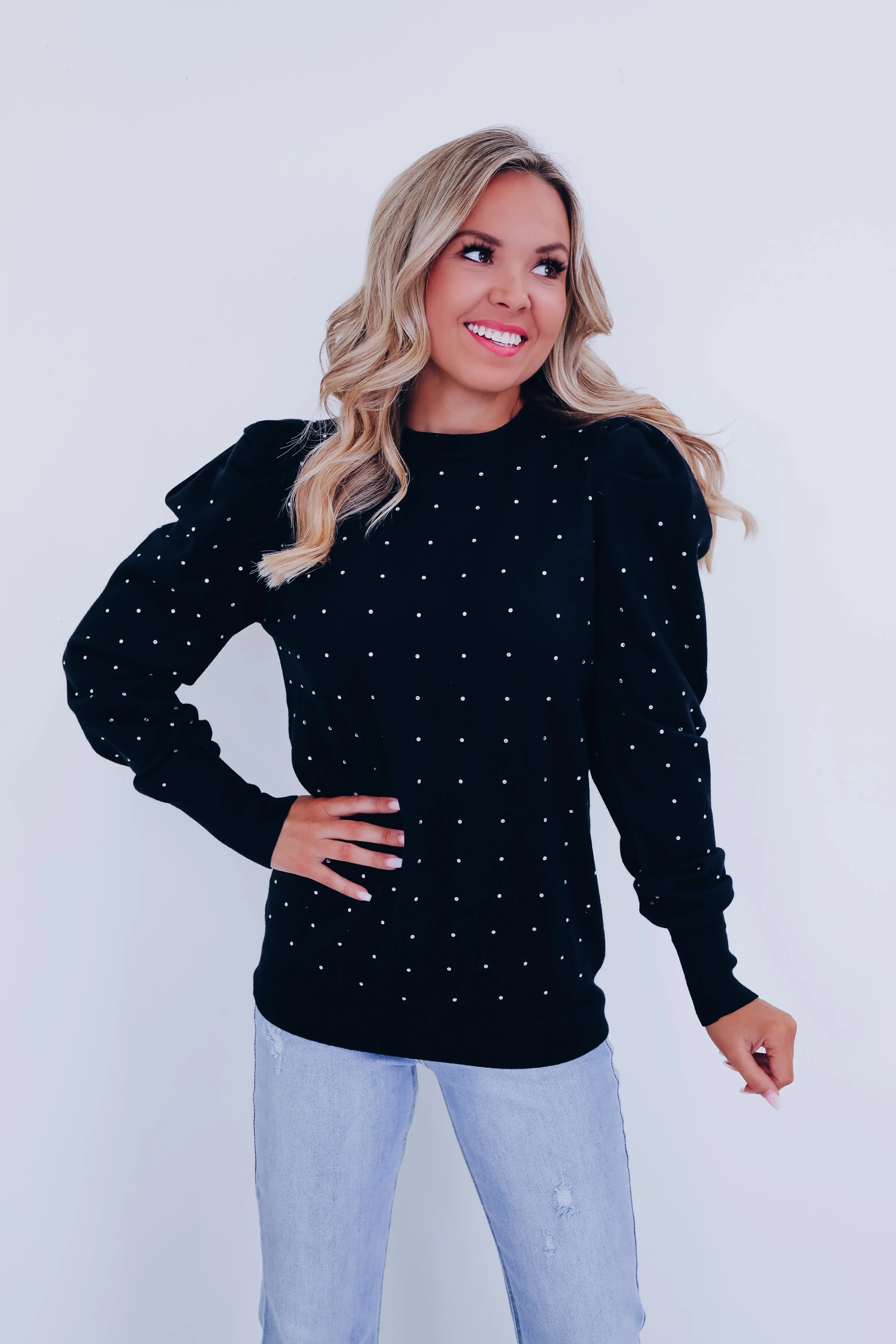 Crystal Puff Sleeve Adorned Sweater - Black