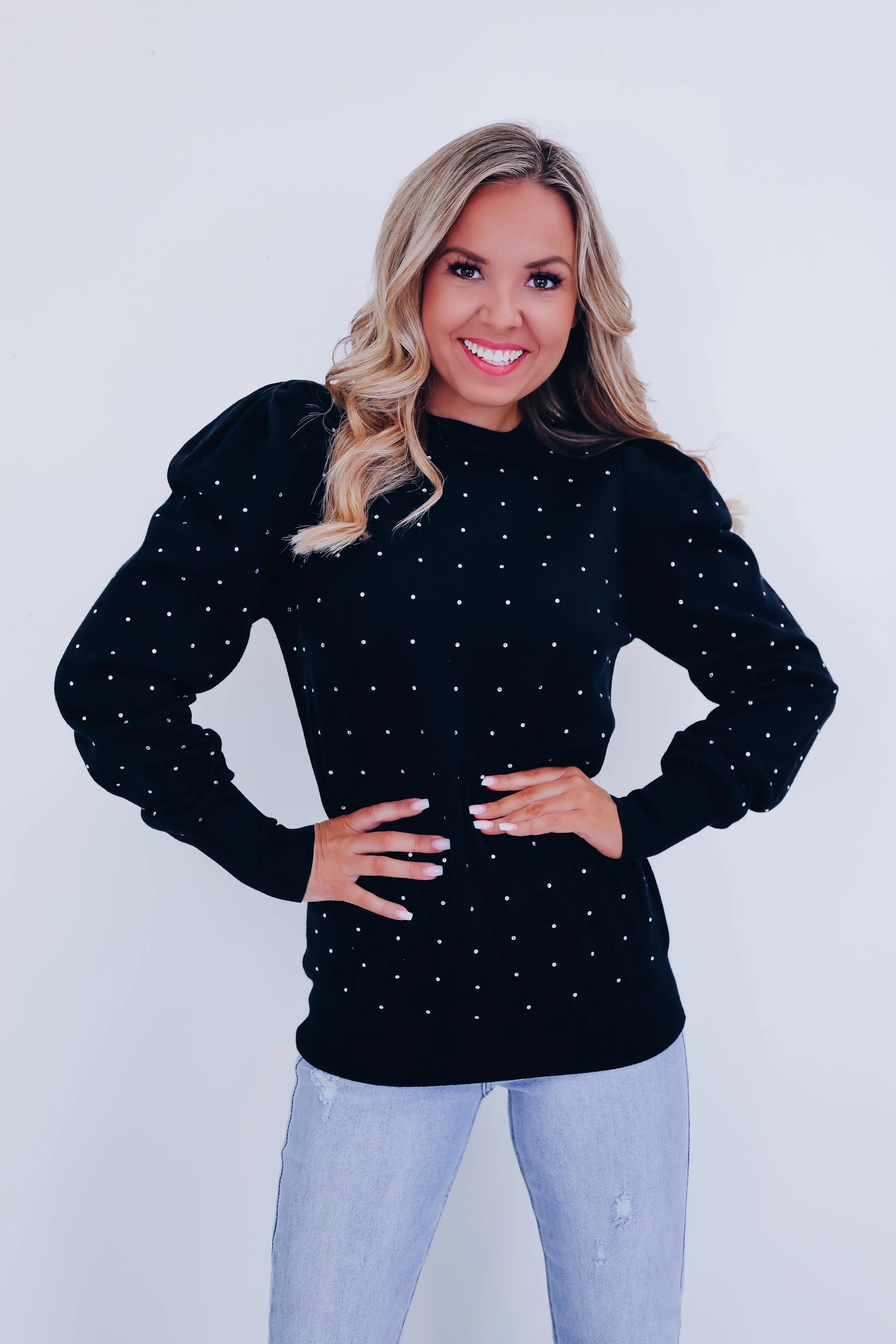 Crystal Puff Sleeve Adorned Sweater - Black
