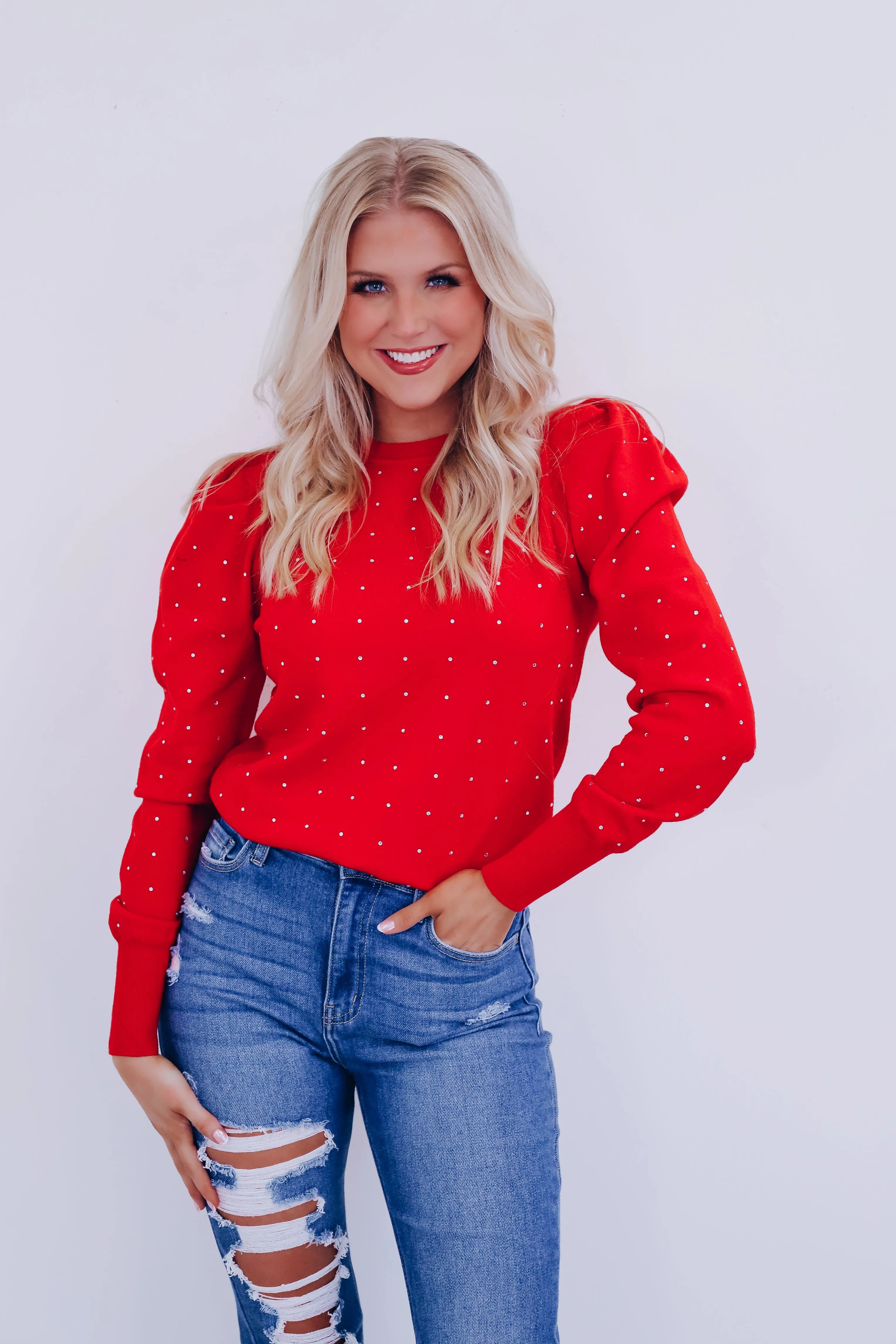 Crystal Puff Sleeve Adorned Sweater - Red