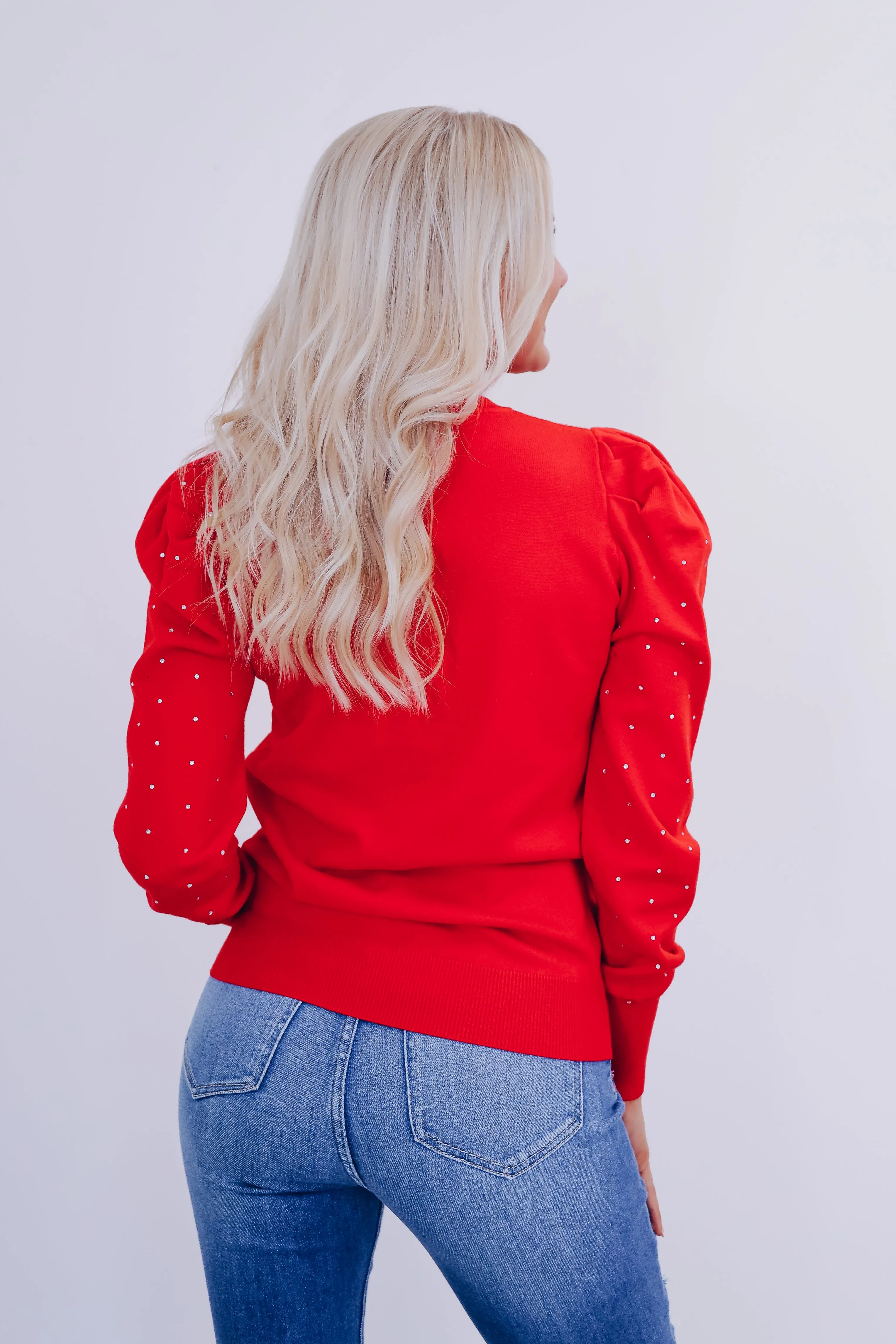 Crystal Puff Sleeve Adorned Sweater - Red