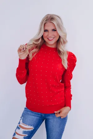 Crystal Puff Sleeve Adorned Sweater - Red