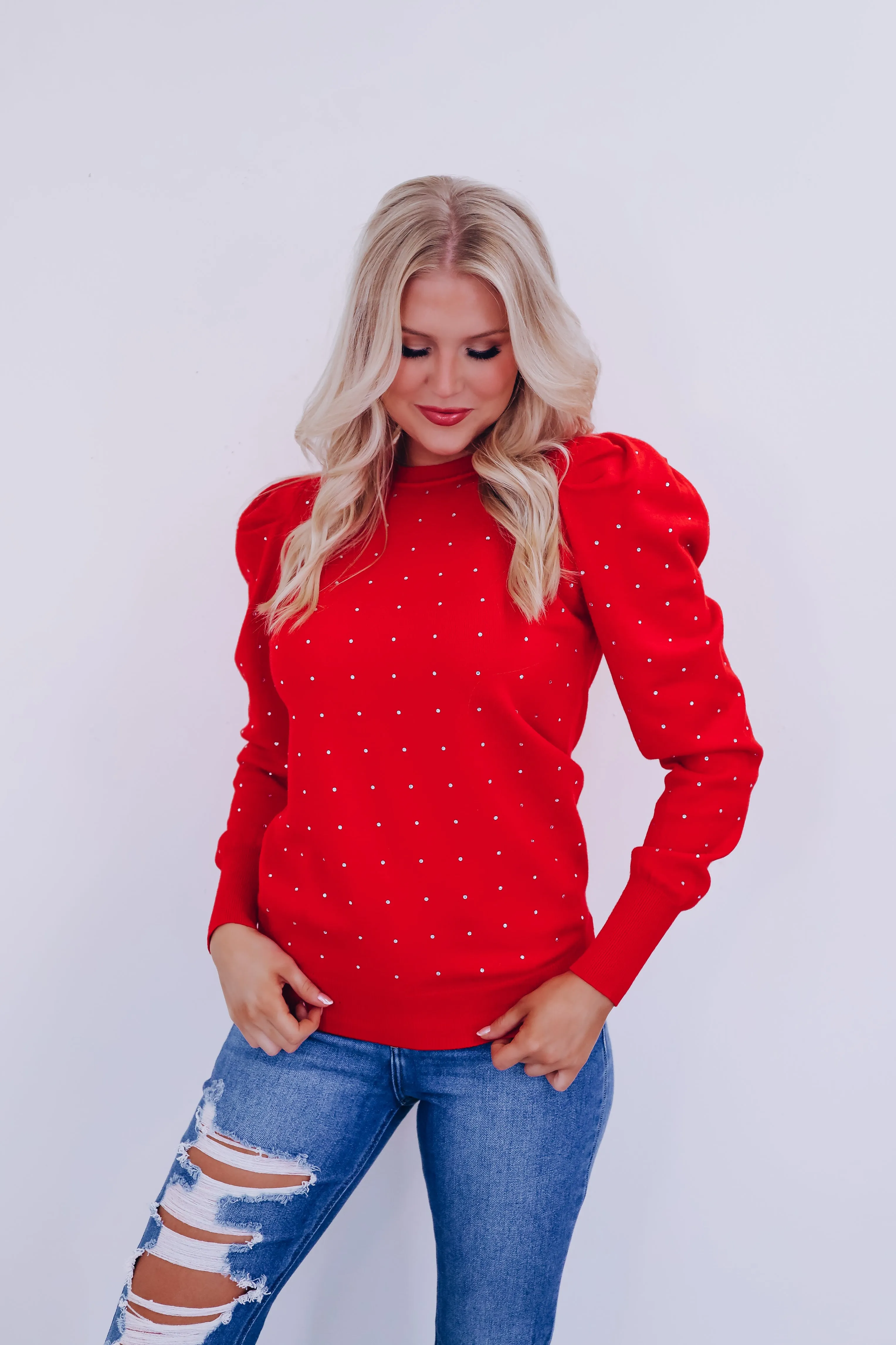 Crystal Puff Sleeve Adorned Sweater - Red