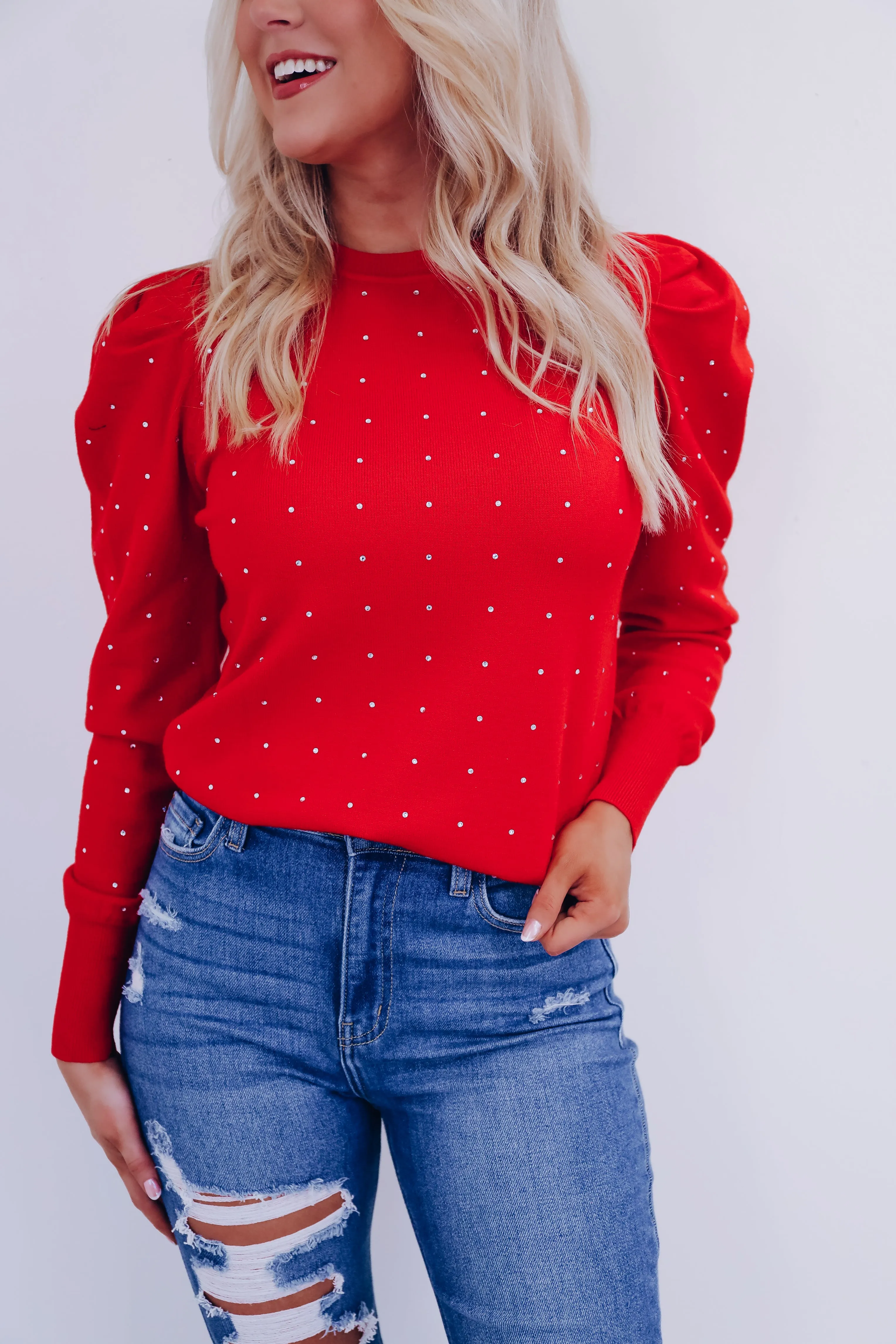 Crystal Puff Sleeve Adorned Sweater - Red